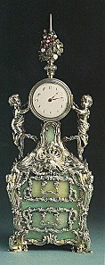 Horloge , de table, emeraudes, rubis, or, ivoire, cristal d