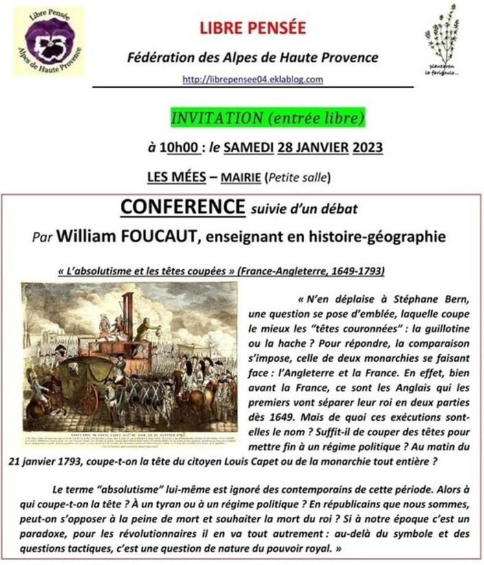 Conférence par William FOUCAUT/ 28 janvier 2023 à 10h Les Mées / Banquet libre Penseur 