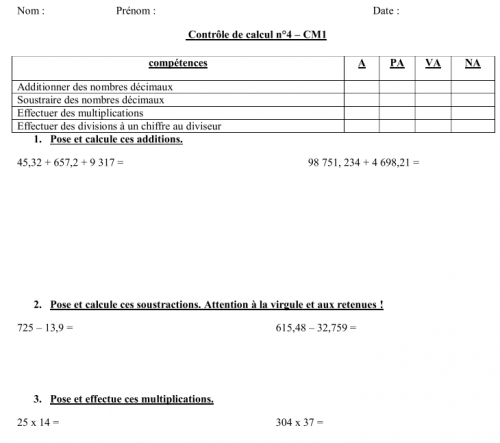 mathématiques : évaluation - contrôle de calcul - période 4 - CM1