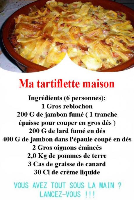 Peut être une image de aliment et texte qui dit ’Ma tartiflette maison Ingrédients (6 personnes): 1 Gros reblochon 200 200 G de jambon fumé (1 tranche épaisse pour couper en gros dés) 200 G de lard fumé en dés 400 G de jambon dans l’épaule coupé en dés 2 Gros oignons émincés 2,0 Kg de pommes de terre 3 Cas de graisse de canard 30 CI de crème liquide VOUS AVEZ TOUT SOUS LA MAIN? LANCEZ-VOUS!!!’