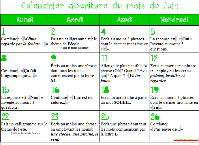 Calendrier d'écriture du mois de juin