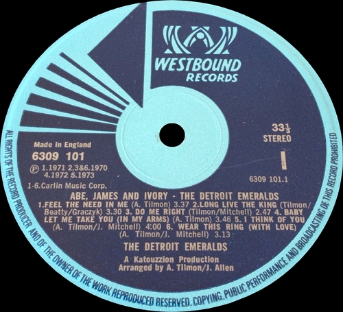 Detroit Emeralds : Album " Abe , James & Ivory " Westbound Records 6309 101 [ UK ]