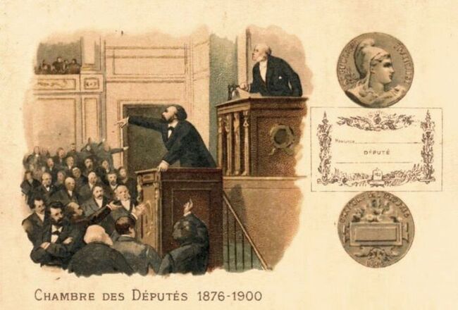 Chambre des Députés 1876-1900 : Léon Gambetta, Président de la Chambre à la Tribune (chromo Chicorée Extra À la Belle Jardinière).