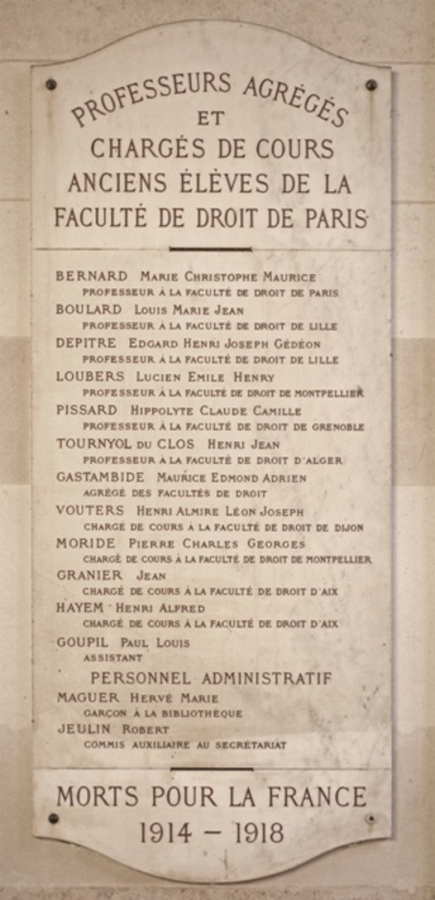 Plaque commémorative des professeurs agrégés et chargés de cours, anciens élèves de la Faculté de Droit de Paris, Morts pour la France