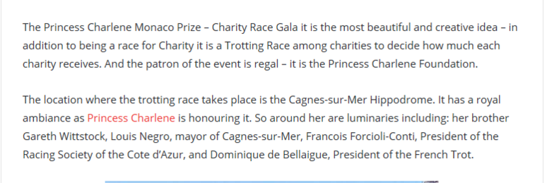 Article in Hello monaco about the prix Princess Charlene , charity race