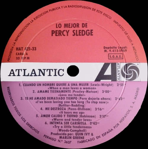 Percy Sledge : Album " Lo Mejor De Percy Sledge " Atlantic Records HATS 421-33 [ ES ]