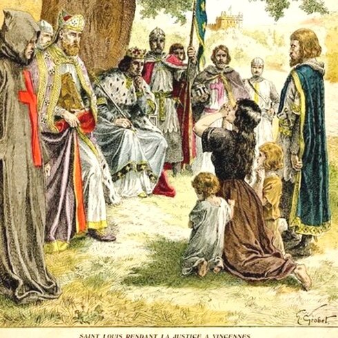 Saint-Louis rendant la justice à Vincennes (lithographie en couleurs par E. Crété d’après une illustration d’H. Grobet. Histoire de France, Paris, Emile Guérin, 1902).