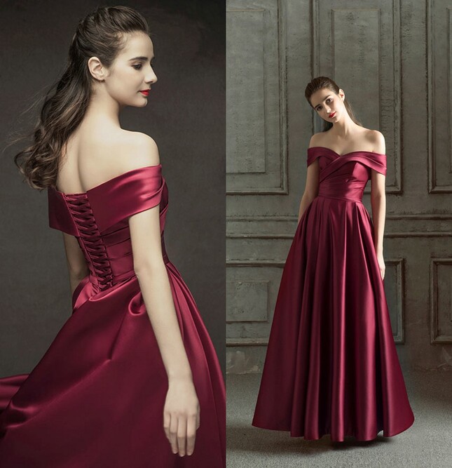 robe de soirée longue rubis rouge col bardot drapé