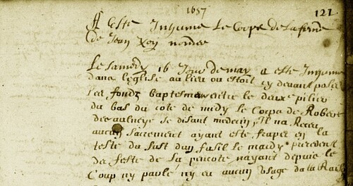 Perte de la raison et mort après avoir été frappé à la tête 16/05/1657 Noyers-Bocage, Calvados