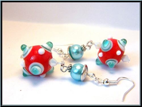 Boucles d'oreille perle picot lampwork, verre filé au chalumeau, cristal de swarovsky 