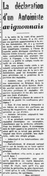 La déclaration d'un Antoiniste avignonnais (La Gazette provençale, 19 mars 1954)