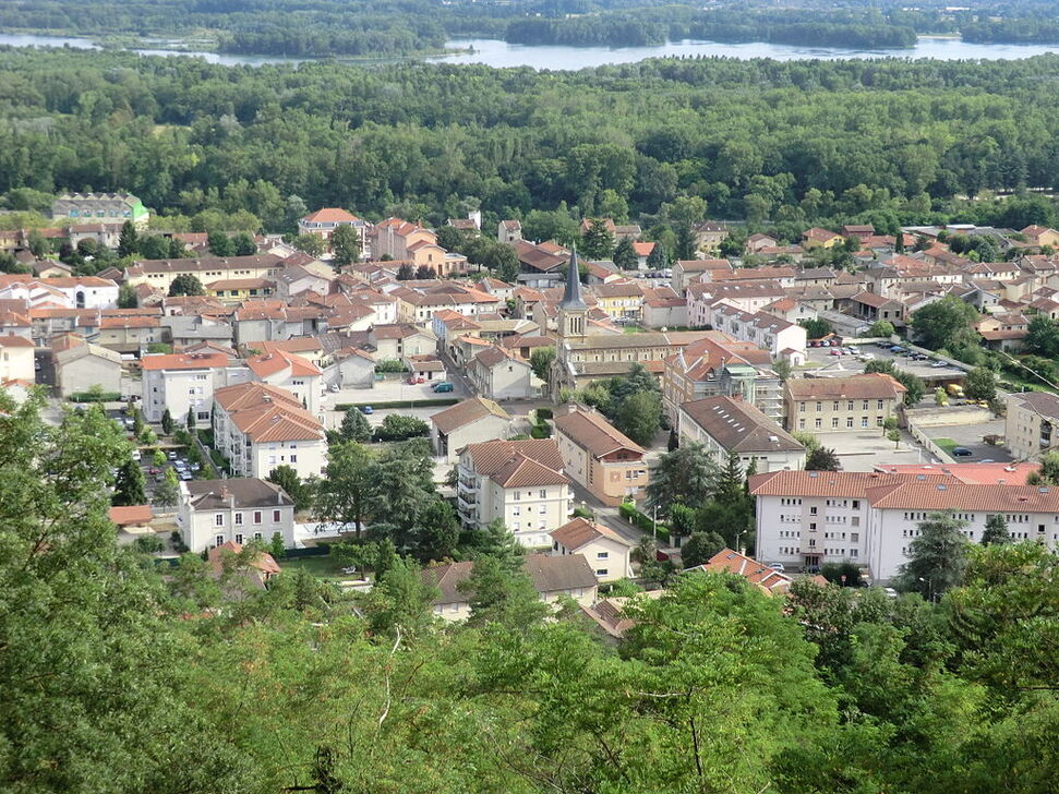 Vue de Miribel-centre depuis le sommet de la Vierge du Mas Rillier. Au second plan, le Vieux Rhône et le Grand parc de Miribel-Jonage.
