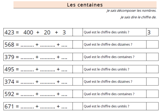 Etude des nombres - Les centaines