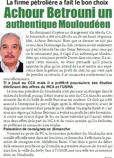 Betrouni Achour Nouveau président remplace Raissi,