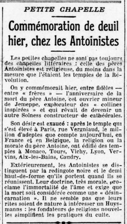 Commémoration de deuil hier, chez les Antoinistes (L’Avenir, 26 juin 1924)