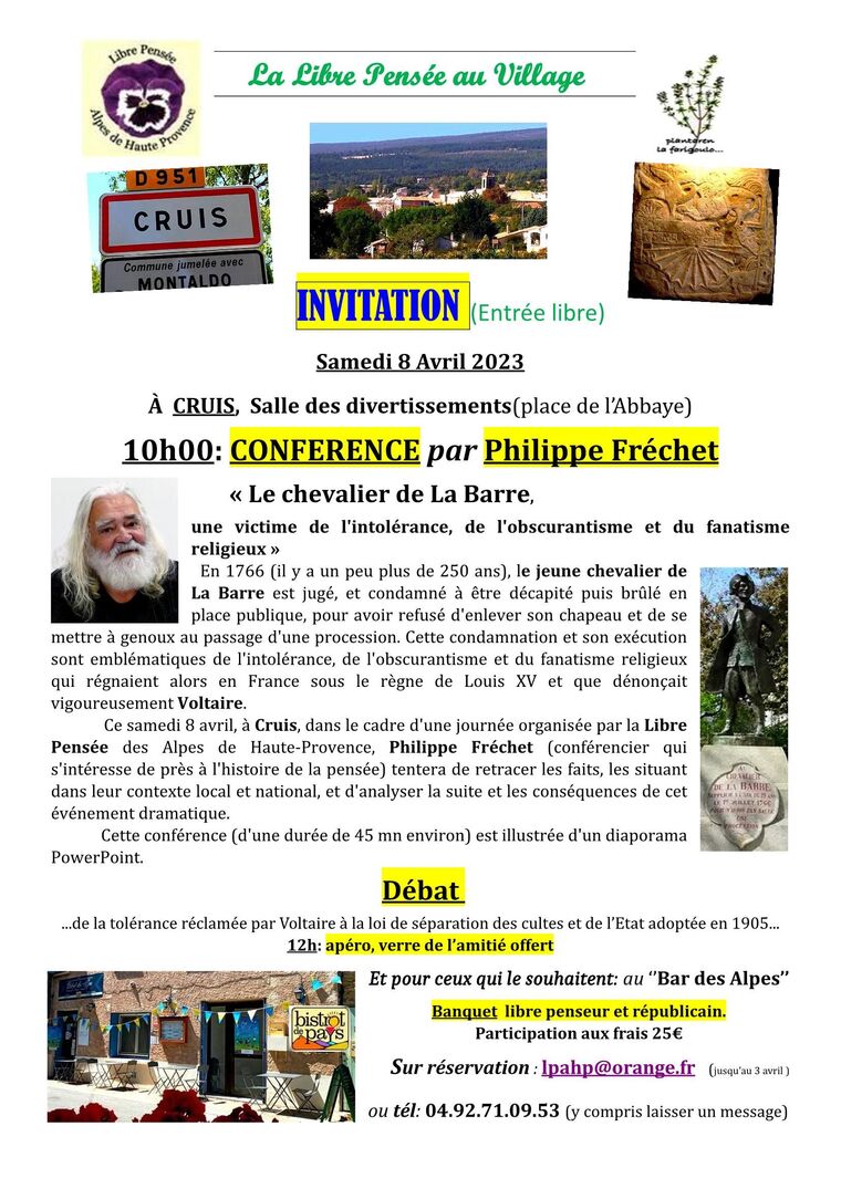 SAMEDI 8 AVRIL 2023: CONFERENCE par Philippe FRECHET  à CRUIS (04230)