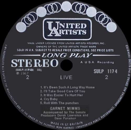 Garnet Mimms : Album " Live " United Artists Records ‎SULP 1174 [ UK ]
