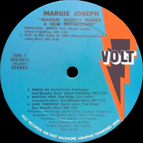 Margie Joseph " Makes A New Impression " Volt Records VOS-6012 [ US ] en Février 1971