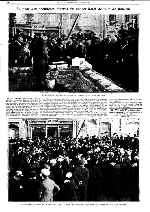 La pose des premières pierres du nouvel Hôtel de Ville de Bailleul (Le Grand hebdomadaire illustré, 14 décembre 1924)