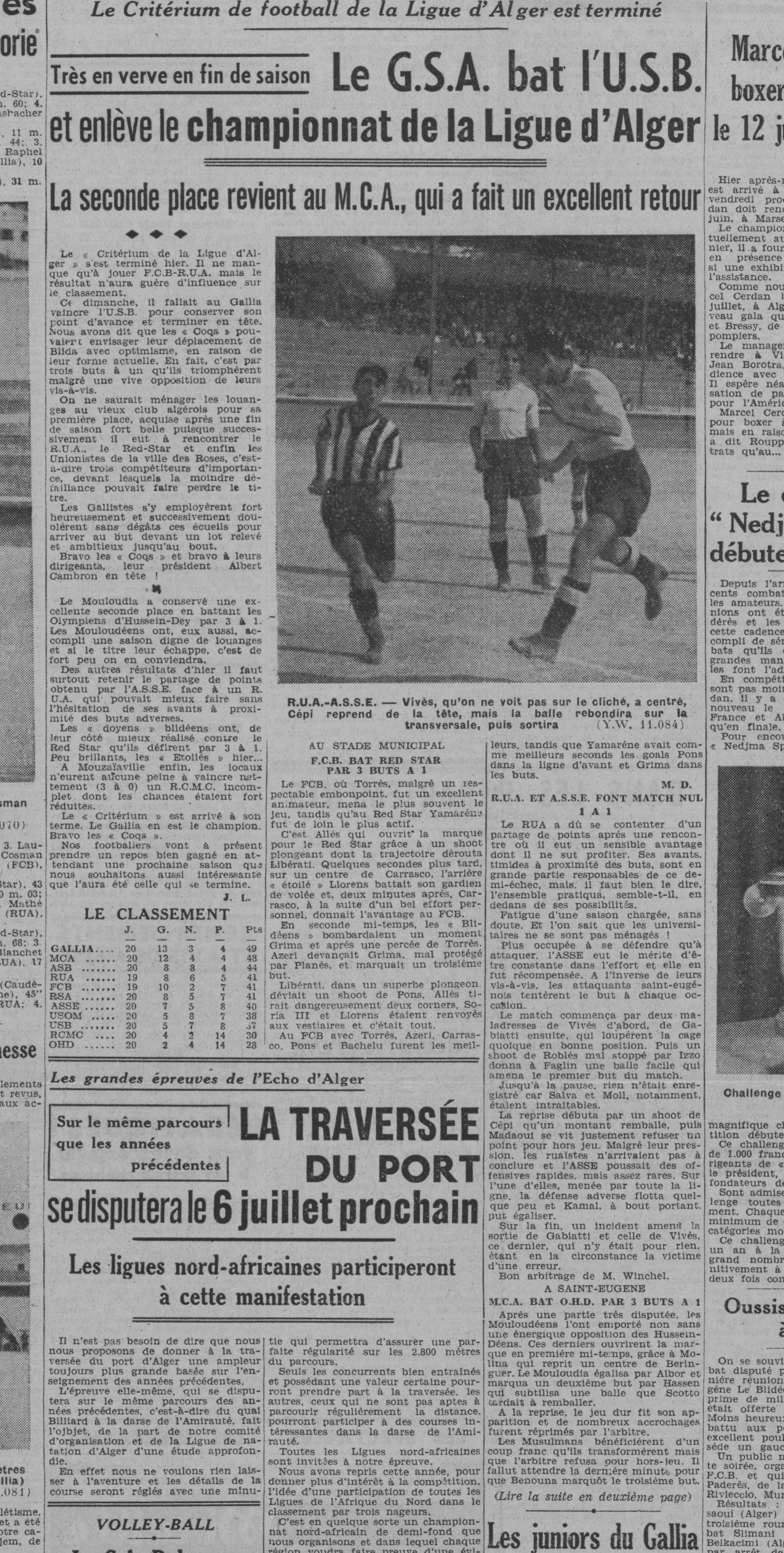 Dimanche 15.6.1941 à St Eugène  dernière journée MCA-OHD 3-1