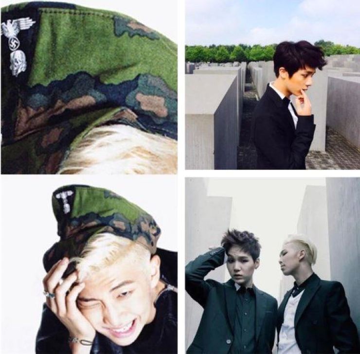                                                                                                  RM wearing the 'Nazi-style' hat in question. On the right are images of BTS members during a photo shoot at a Holocaust memorial. / Screengrab from Reddit                        