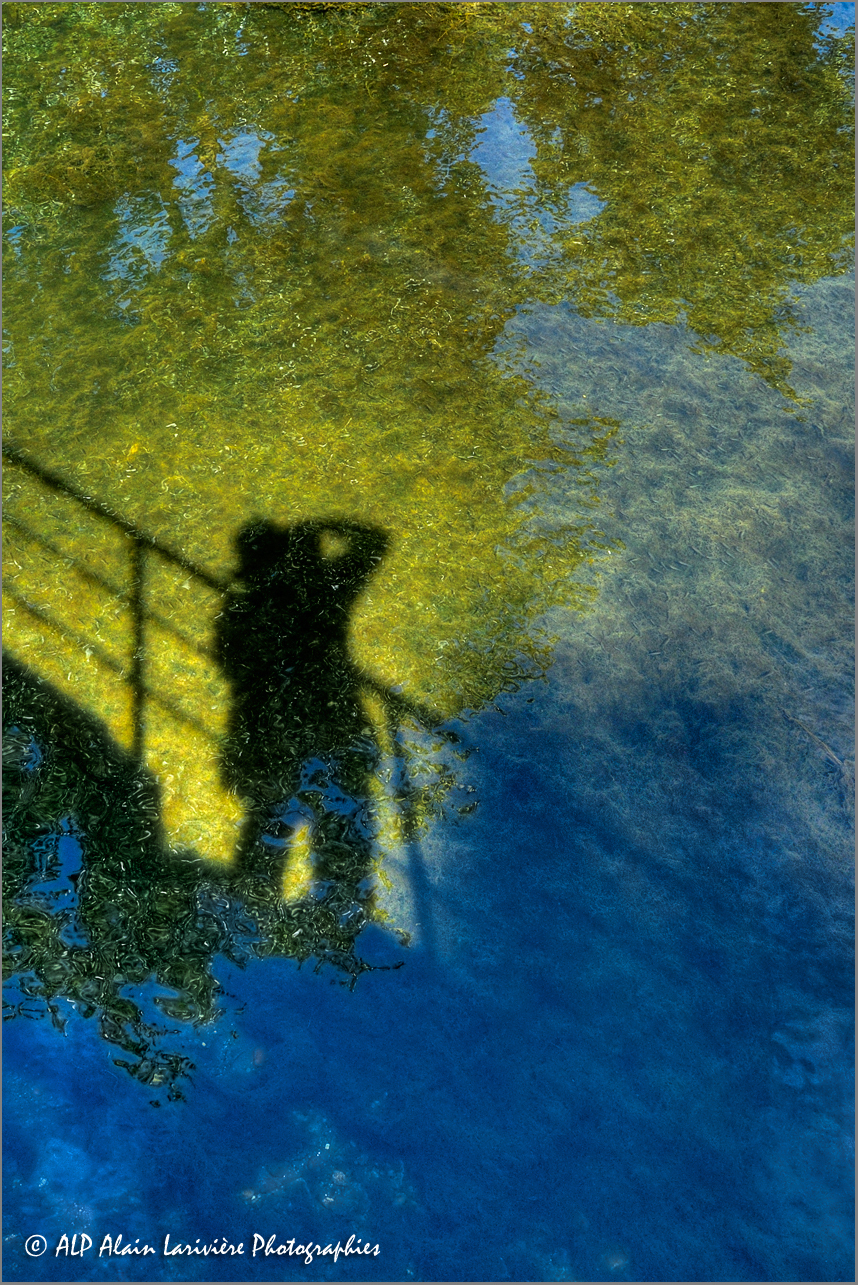 L'ombre noire  C'est en me penchant pour photographier les reflets et les nuances colorées de la rivière, que mon ombre et celle de la rambarde où j'étais appuyé me donnèrent l'idée de réaliser ce cliché.