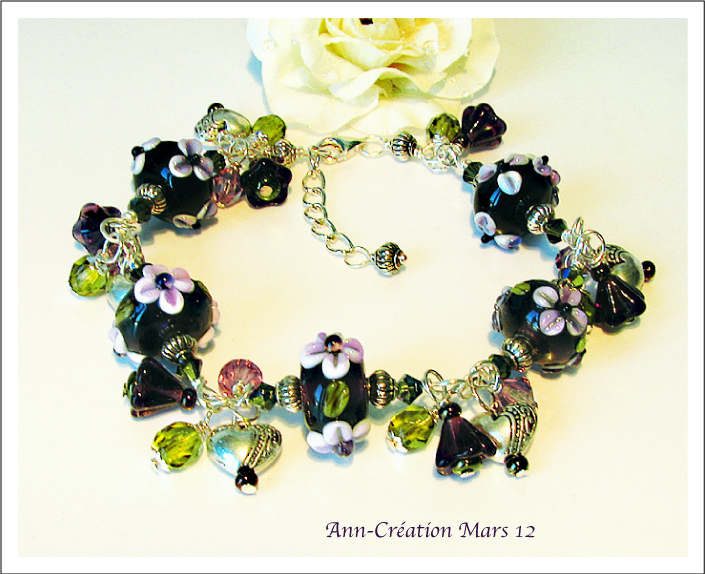 Bracelet Floral Verre Lampwork Vilet-Vert / Plaqué Argent & Argent 925