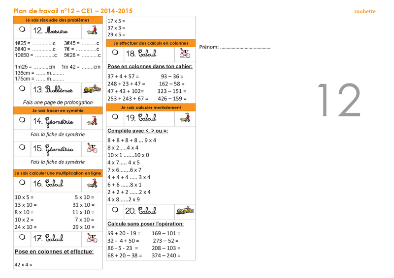 Plan de travail CE1 2014-2015 numéro 12