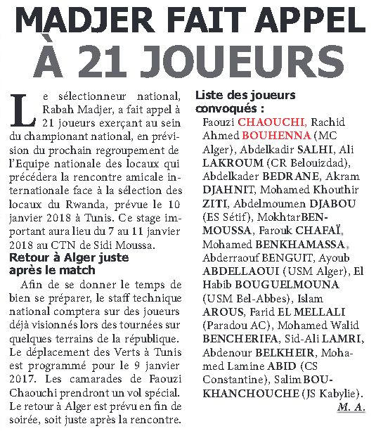 Samedi 6.1.2018 Chaouchi et Bouhenna convoué pour le stage et match du 10 à Tunis contre le Rwanda