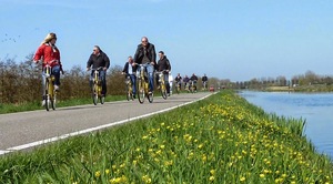 walking bicycle mildflowers barge field 