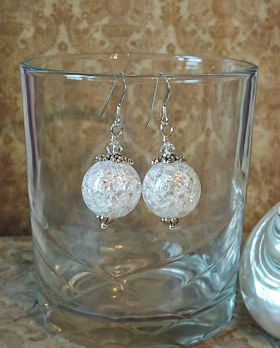 Boucles quartz blanc rubassé (craquelé) boules 16mm et cristal de Swarovski / Argent 925