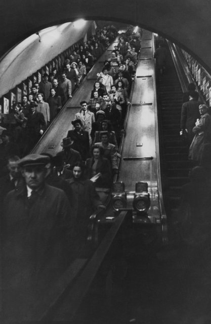 Rush hour passengers on an escalator at Piccadilly Circus underground station in London, January 1951. (Photo by John Chillingworth/Picture Post/Hulton Archive/Getty Images)