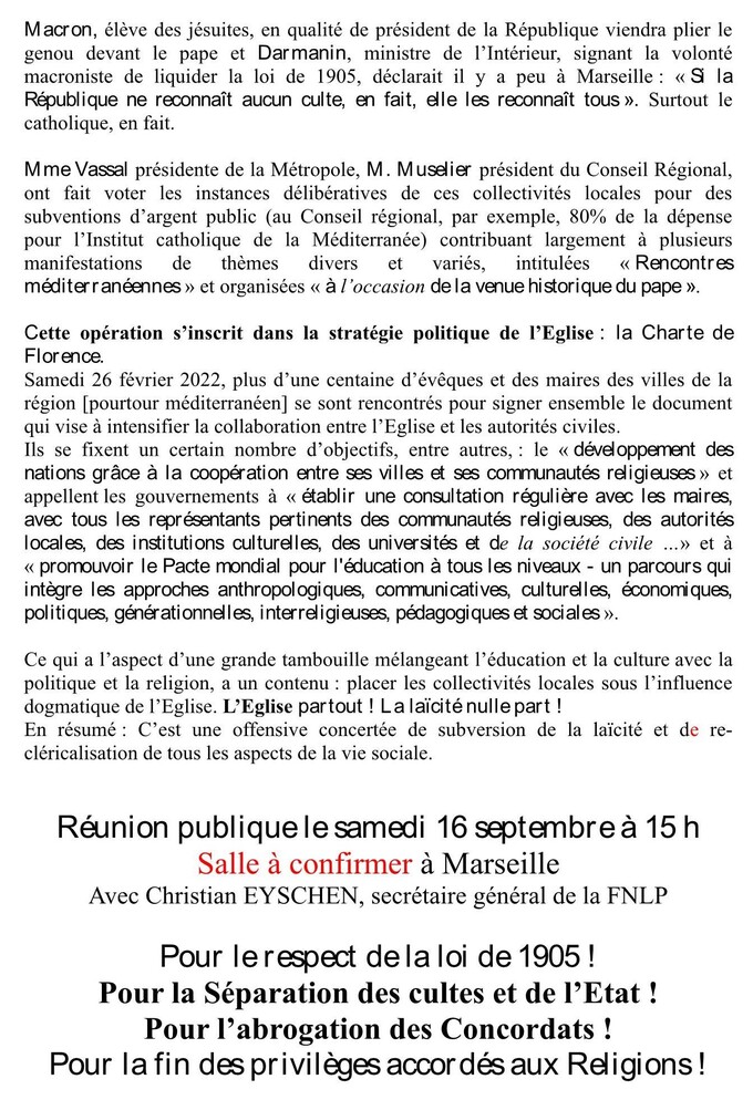 LP13: messe du pape à Marseille/ REUNION PUBLIQUE  16 09 23 à 15h, avec Christian Eyschen Respect LOI 1905! Abrogation des concordats!