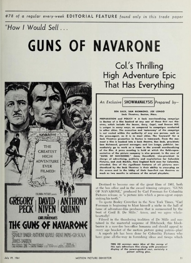 GUNS OF NAVARONE US POSTER 1961