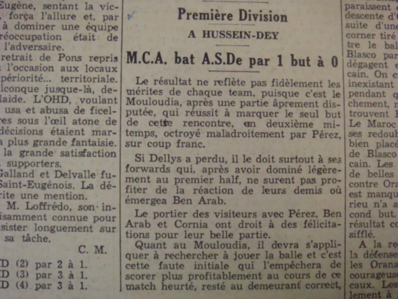 D 5.4.1936  à hussein dey match retard de l\'aller MCA-AS Dellys 1-0