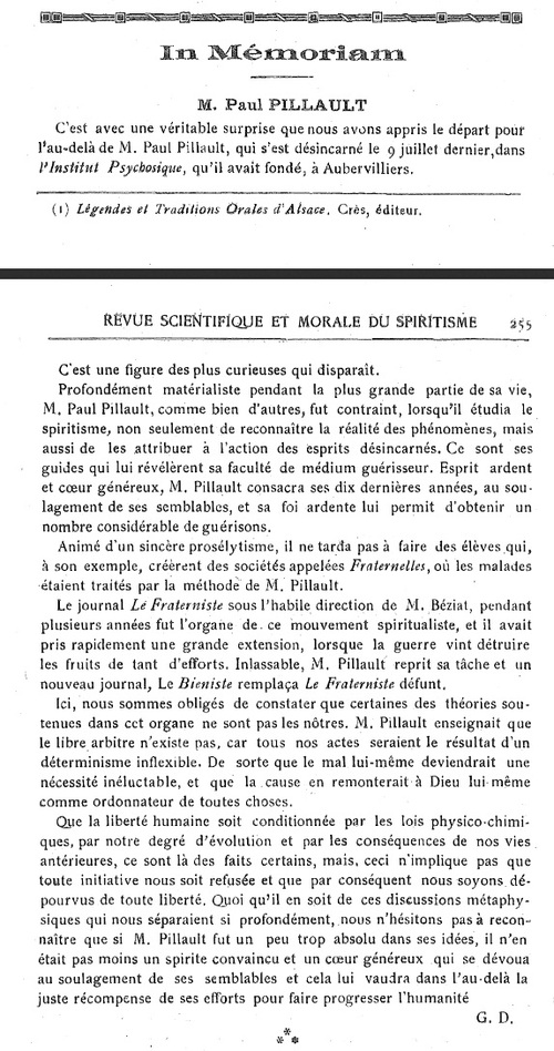 Paul Pillault - In Mémoriam (Revue scientifique et morale du spiritisme, v24, janvier 1921)