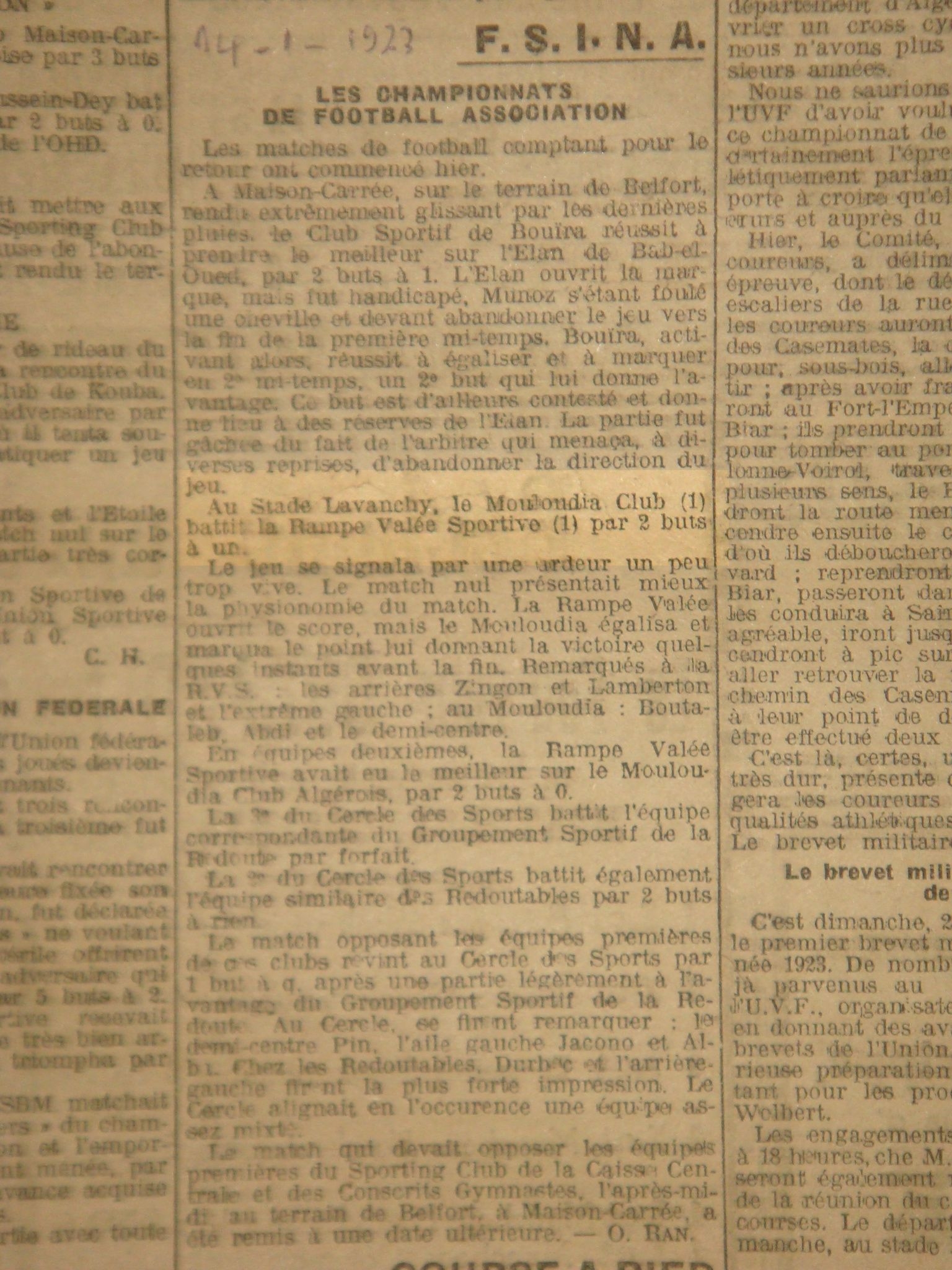 14.1.1923 MCA bat Rape Valée Sportive (RVS) par 2-1