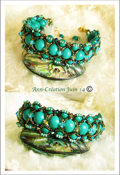 Bracelet tissé, Turquoise naturelle de Chine, Miyuki, Cristal de Swarovski, Laiton plaqué Or