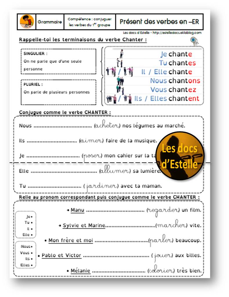 Conjuguer des verbes du 1er groupe au présent de l'indicatif (exercices) -  Les docs d'Estelle