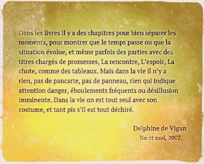 L’image contient peut-être : texte qui dit ’Dans les livres il des chapitres pour bien séparer les moments, pour montrer que le temps passe ou que la situation évolue, et même parfois des parties avec des titres chargés de promesses, La rencontre, L'espoir, La chute, comme des tableaux. Mais dans la vie il n'ya rien, pas de pancarte, pas de panneau, rien qui indique attention danger, éboulements fréquents ou désillusion imminente. Dans la vie on est tout seul avec son costume, et tant pis s'il est tout déchiré. Delphine de Vigan No et moi, 2007.’