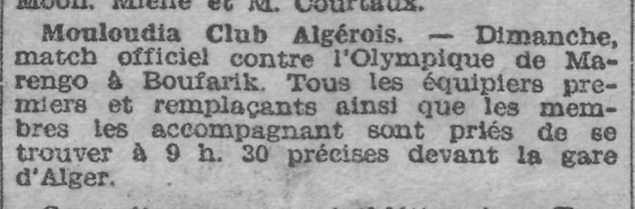 Dimanche 5.5.1929 à Boufarik match à rejouer barrage titre et accession O.Marengo-MCA