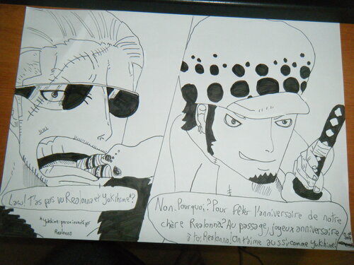 Dessin de One Piece n°44: Smoker et Trafalgar Law (après l'ellipse) spécialement pour l'anniversaire de Realonna