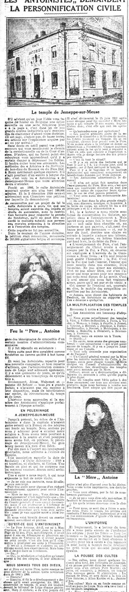 Les Antoinistes demandent la personnification civile (La Dernière Heure, 6 mars 1921)(Belgicapress)
