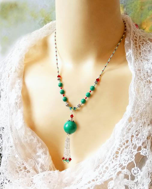 Collier pendentif Turquoise verte et cristal de Swarovski rouge / plaqué argent et argent 925