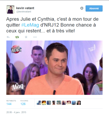 #LeMag : Après Julie Ricci et Cynthia Brown, Kevin Vatant annonce qu'il quitte l'émission sur Twitter!