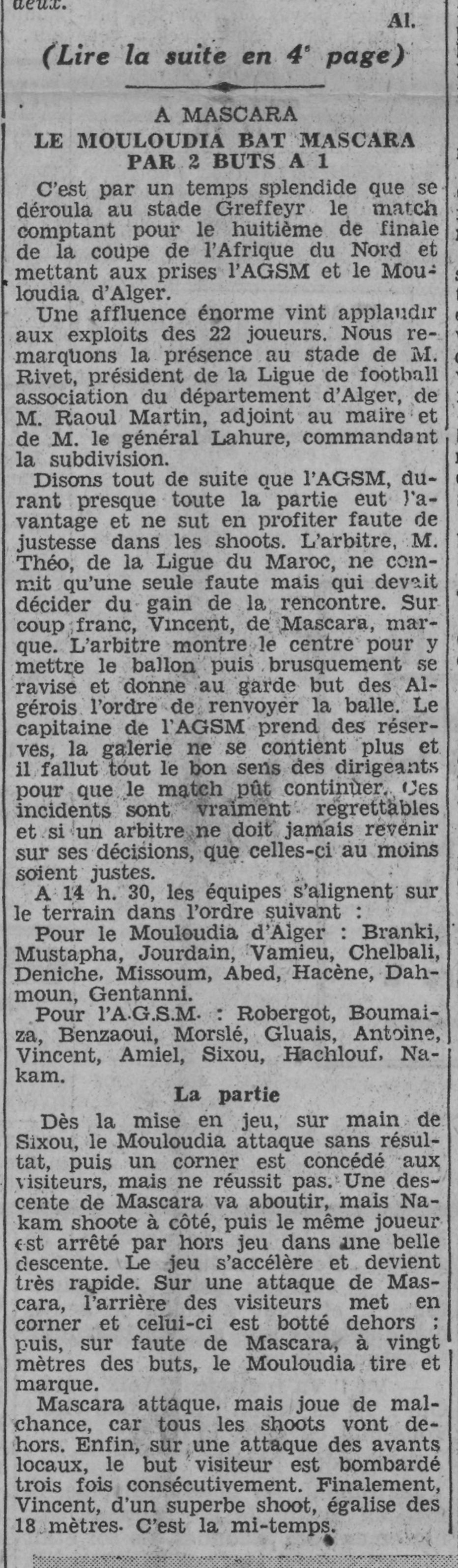 Dimanche 9.2.1936 à Mascara Stade Greffeyr 1/8 coupe AFN AGS Mascara-MCA 1-2