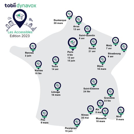 Peut être une image de ‎carte et ‎texte qui dit ’‎۔dynavox Dunkerque 30 mars Les Accessibles Edition 2023 Arras 13 avr Saint-Quentin 6 avr Rennes 2 juin Paris Reims 21 Metz avr 13 avr 15 juin Strasbourg 6 avr Tours 14 avr Nantes 10 fév Dijon 16 mars Limoge 16 mars Saint-Etienne 24 fév Grenoble 23 fév Pau mars Aix mai Nîmes 25 mai Marseille 10 mars Nice 9 mars Perpignan 15 juin‎’‎‎