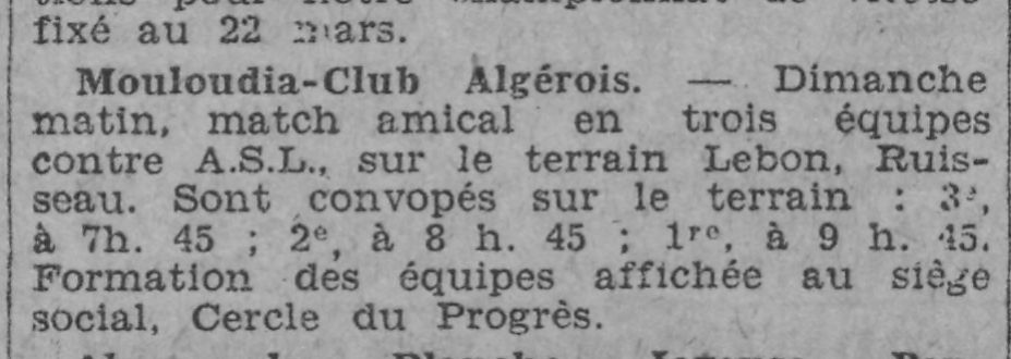 Dim 15.3.1931 Amical au stade Lebon (Ruisseau)  ASL (Amical Sportive Lebon)-MCA