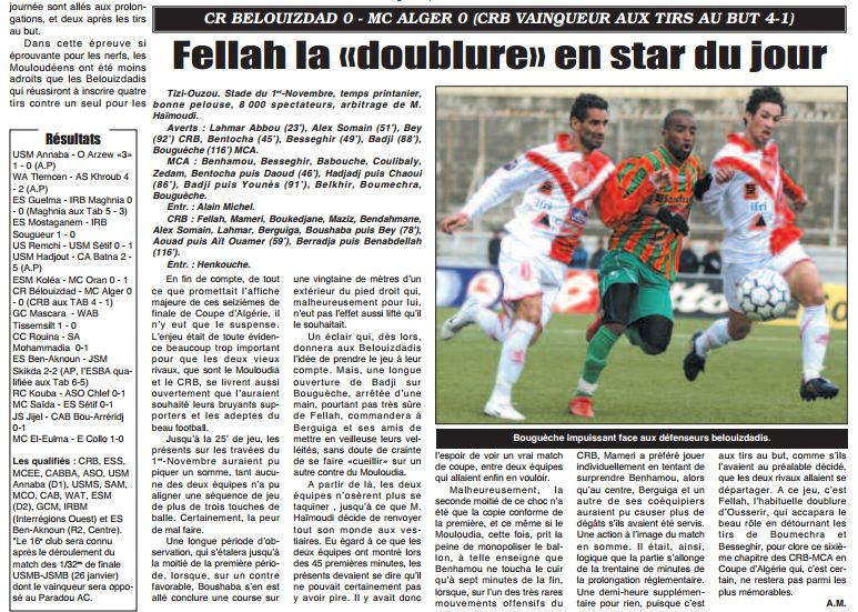 Jeudi 22.01.2009 stade 1er Novembre Tizi-Ouzou 1/16ème Coupe CRB-MCA 0-0 A.P (4-1 TAB)