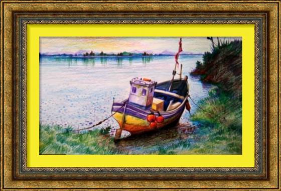 Dessin et peinture - vidéo 2383 : la barque prés de la berge - crayons de couleur.